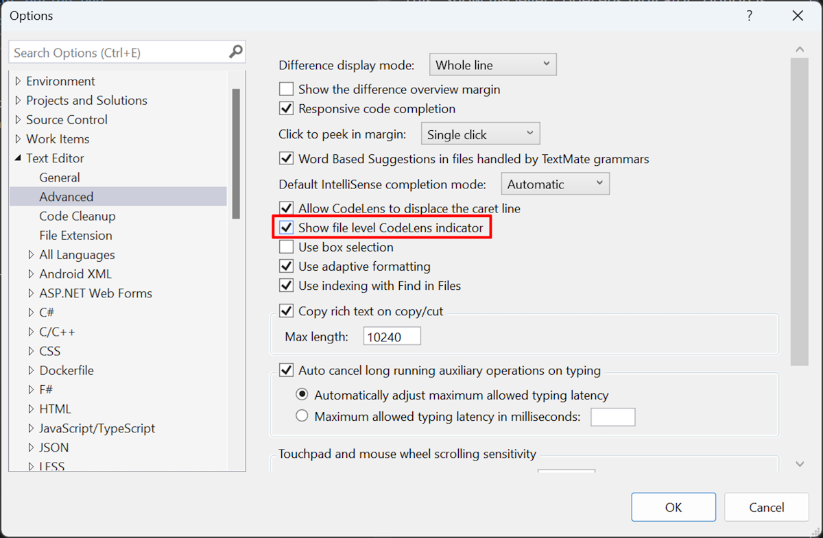 Option for Show file level CodeLens indicator