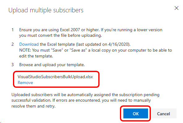 Upload the Excel template to upload multiple subscribers