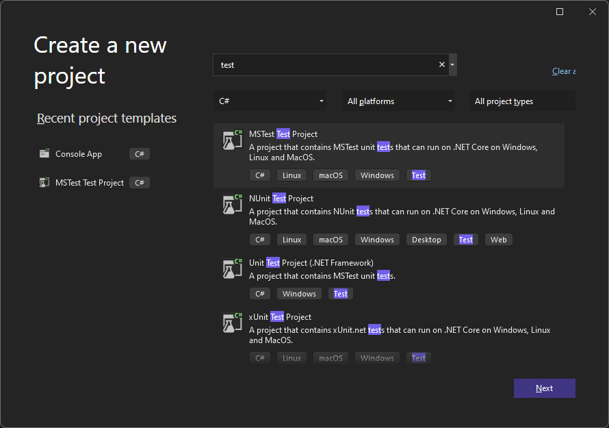 Unit test project template in Visual Studio 2022