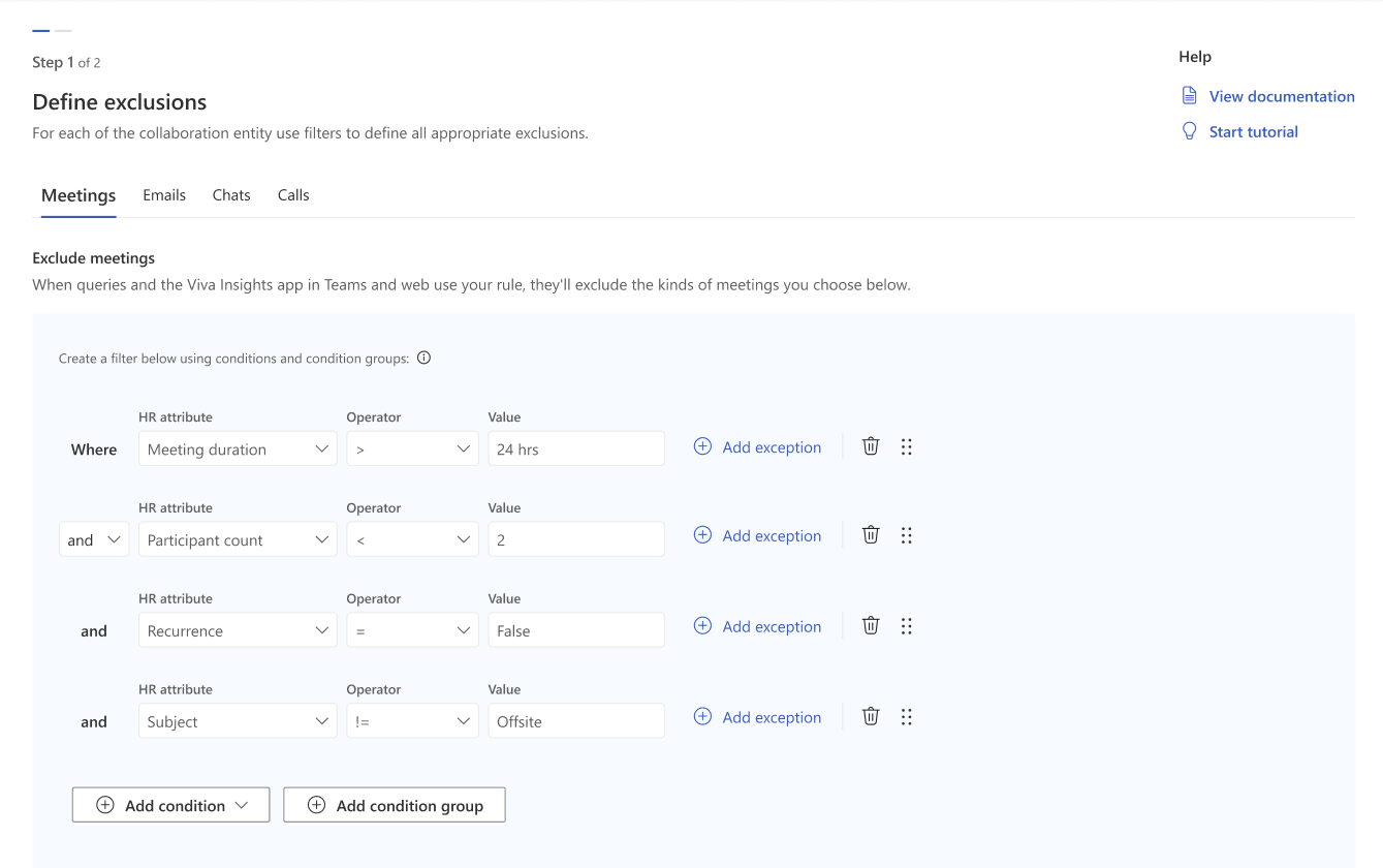 Screenshot that shows various filters for the Meetings collaboration type in the metric rule builder.