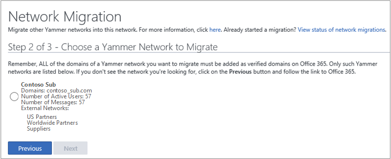 Screenshot of Step 2 of 3: Choose a Viva Engage Network to Migrate.