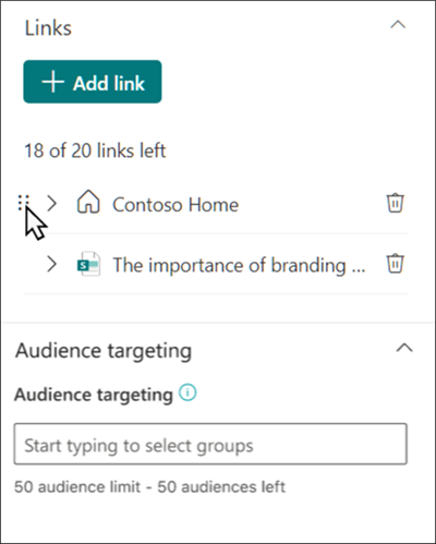 Screenshot of the Quick links properties pane showing where you can manage links and audience targeting.