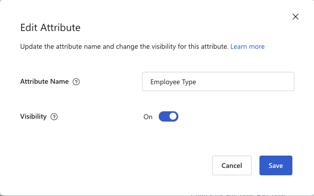 Screenshot of the Edit Attribute dialog with the Visibility toggle switched to On.