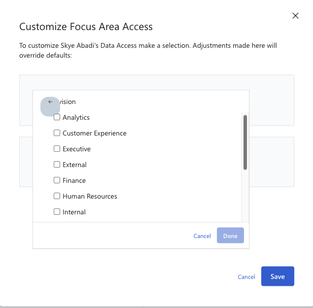 Screenshot of dialog with custom focus area access attribute values to be selected.