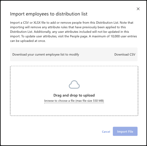 Screenshot of slider window for importing employees to a Distribution List.