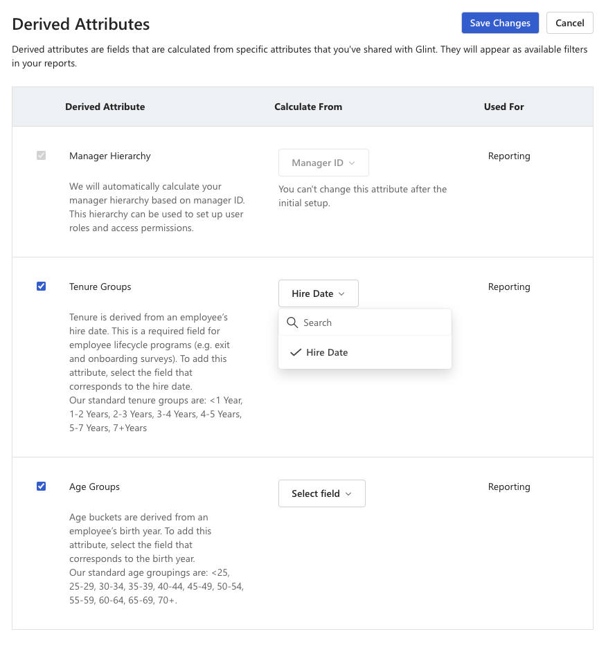 Screenshot of the Derived Attributes section after selecting the Manage Derived Attributes button.