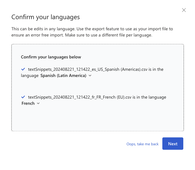 Screenshot of the variables and product text import dialog that prompts users to confirm languages.