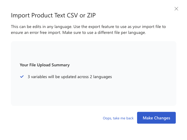 Screenshot of the variables and product text import dialog that summarizes translation changes.