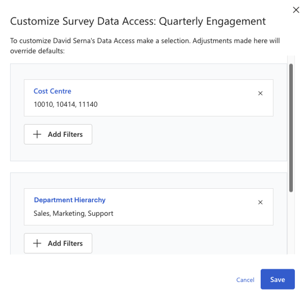 Screenshot of dialog with cost centre and department values selected in separate populations.