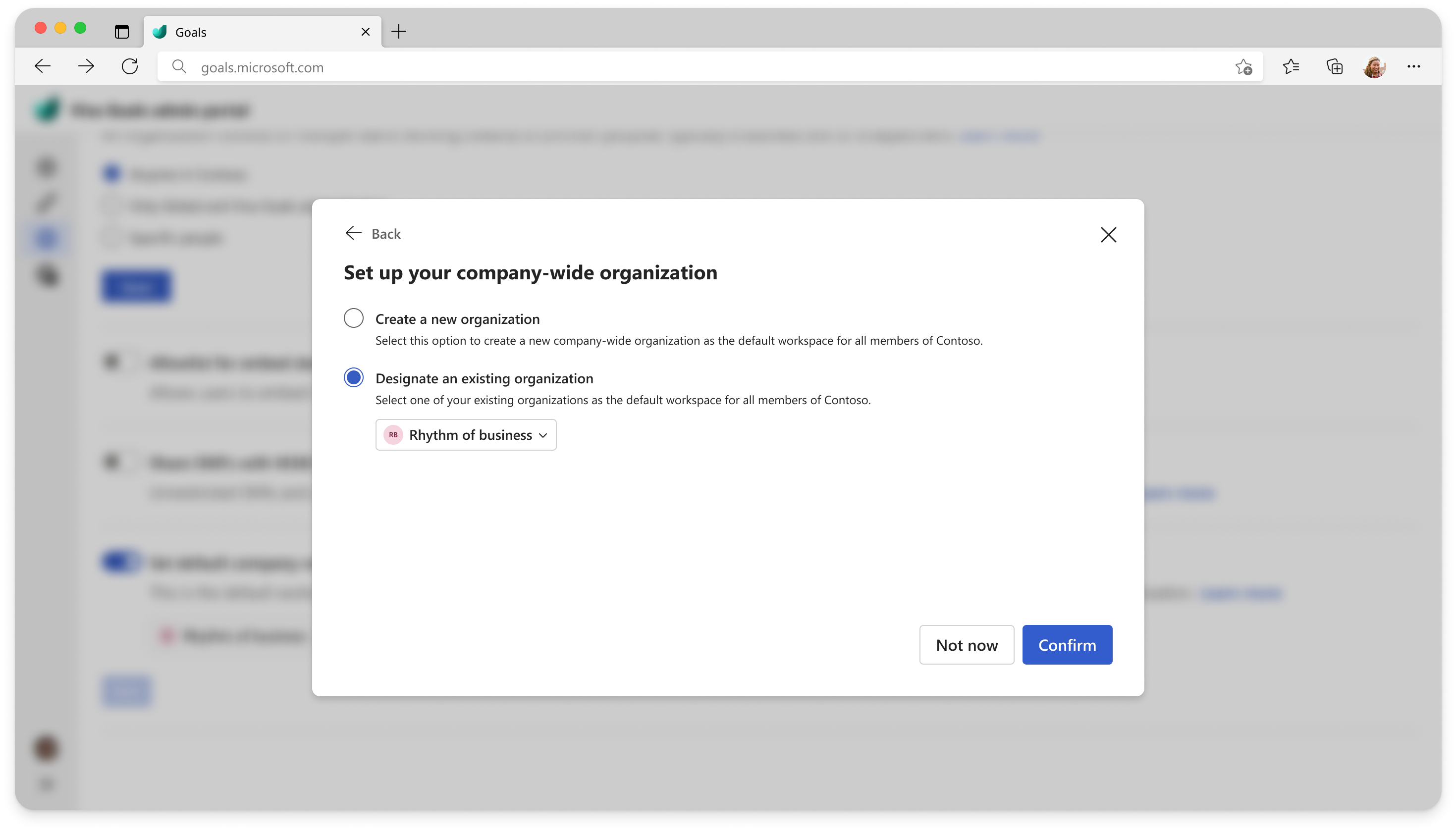 Screenshot that shows the dialog for setting up a company-wide organization.