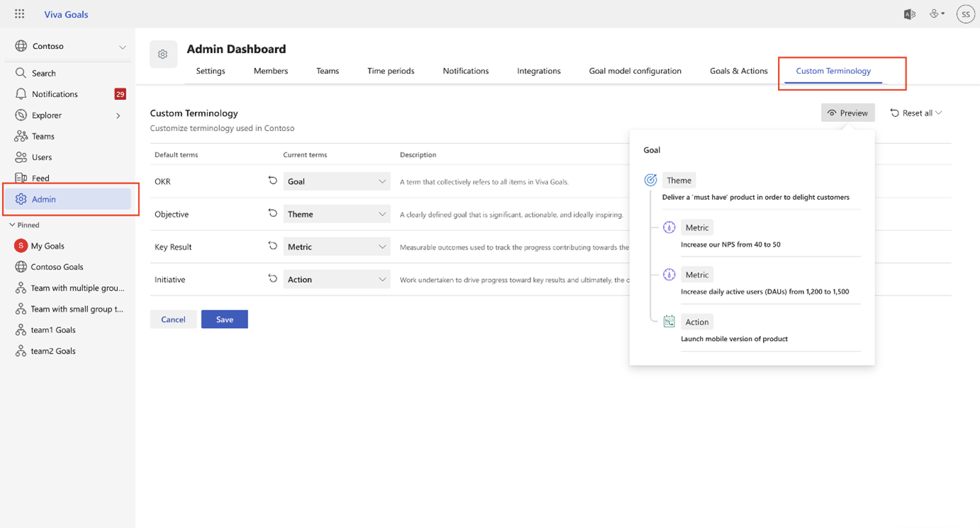 Screenshot that shows the Custom Terminology tab in the admin dashboard.