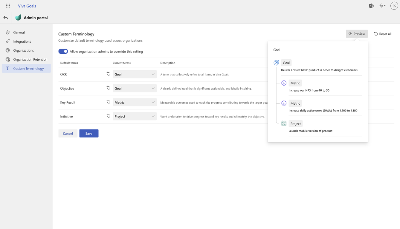 Screenshot that shows a preview of how the selected terminology will look with real goals.