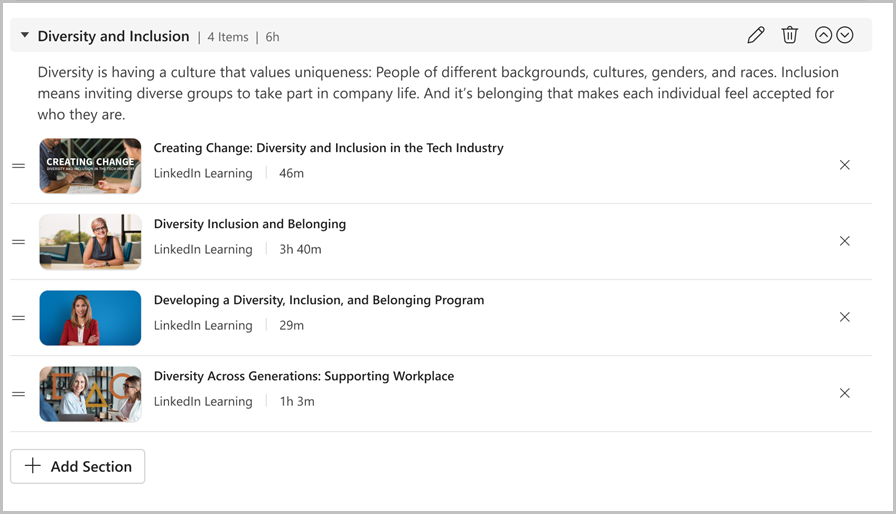 Image of a set learning path with multiple segments that includes the option of adding another section