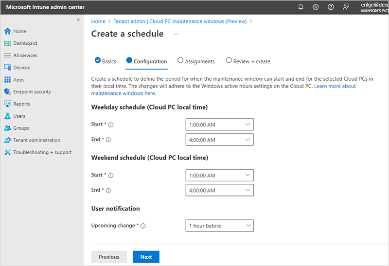 Screencap configure a Cloud PC maintenance window.