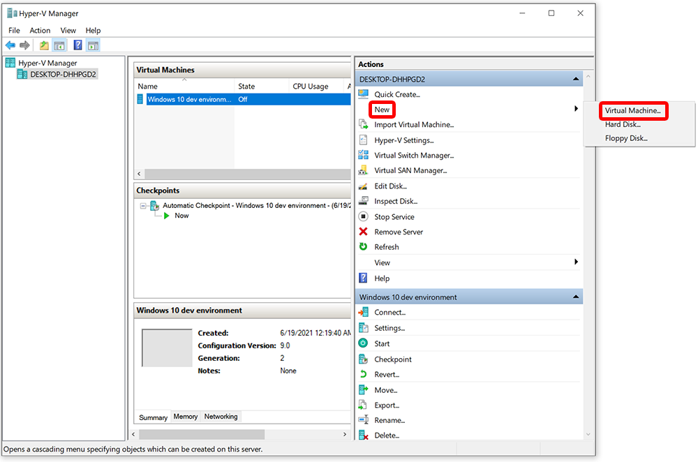 Screenshot of Hyper-V create vm