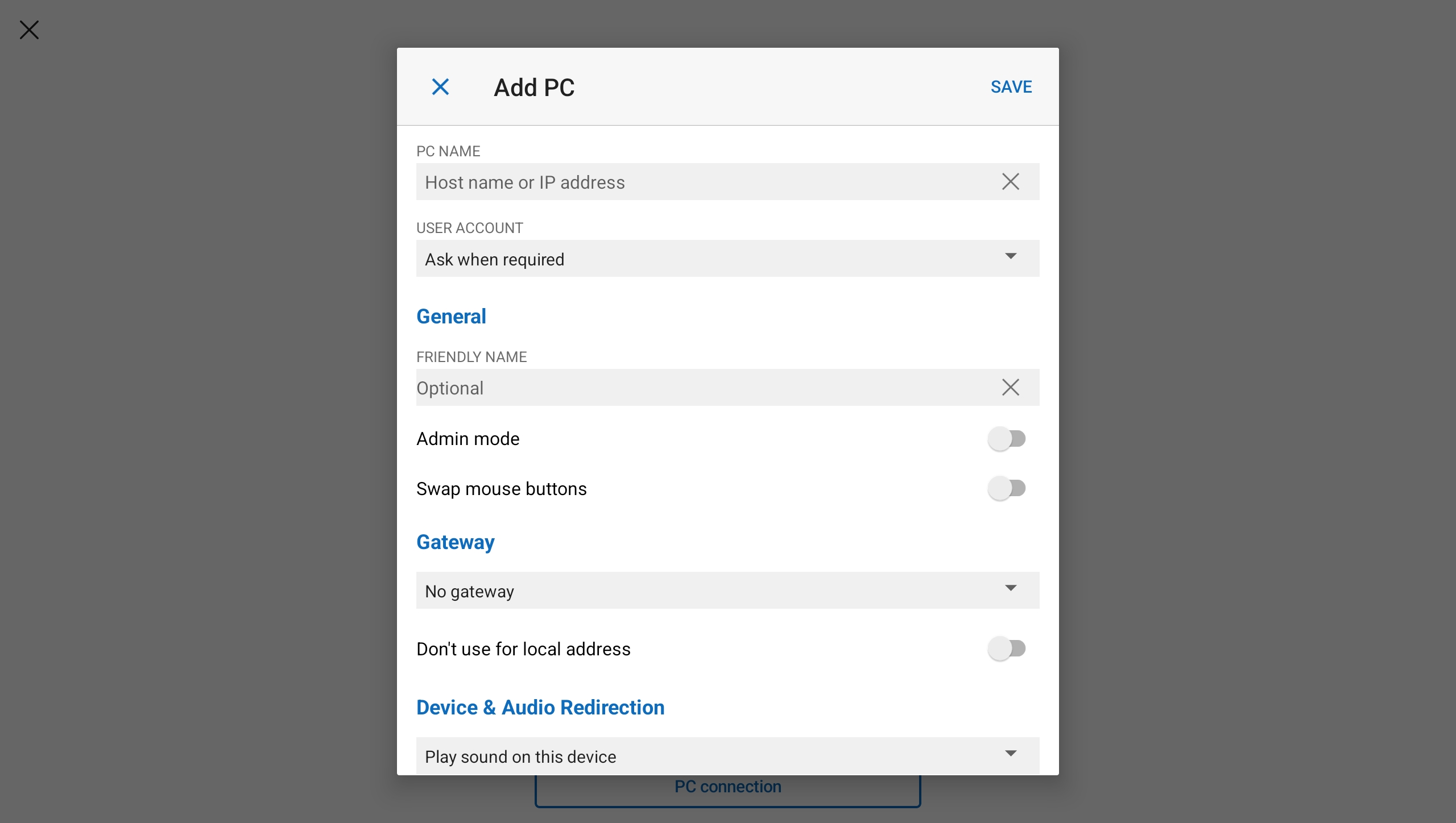 A screenshot showing the add remote PC connection dialog for Windows App on Android with a remote PC.