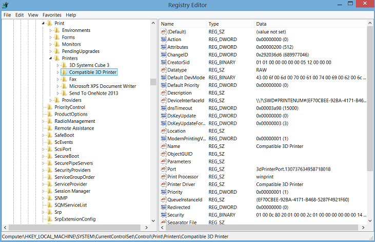 view 3d print driver properties in the registry.