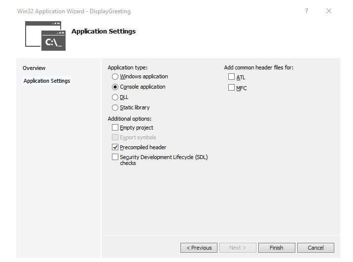 Win32 Application Wizard settings in Visual Studio.