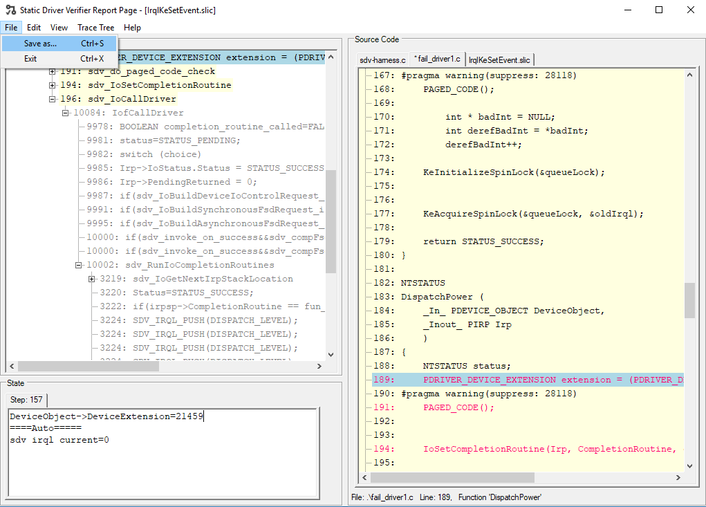 Screenshot of the Static Driver Verifier Defect Viewer window, highlighting the location of the Save functionality.