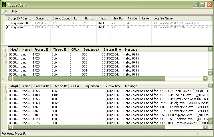 Screenshot of a trace session list displaying a Tracedrv and an NT Kernel Logger trace session log.