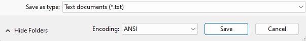 Screenshot of Save As dialog box with ANSI encoding selected.
