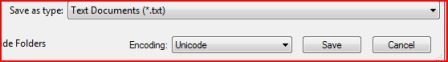 Screenshot of Save As dialog box with Unicode encoding selected on older Notepad versions.