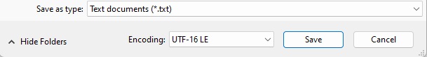 Screenshot of Save As dialog box with UTF-16 LE encoding selected.