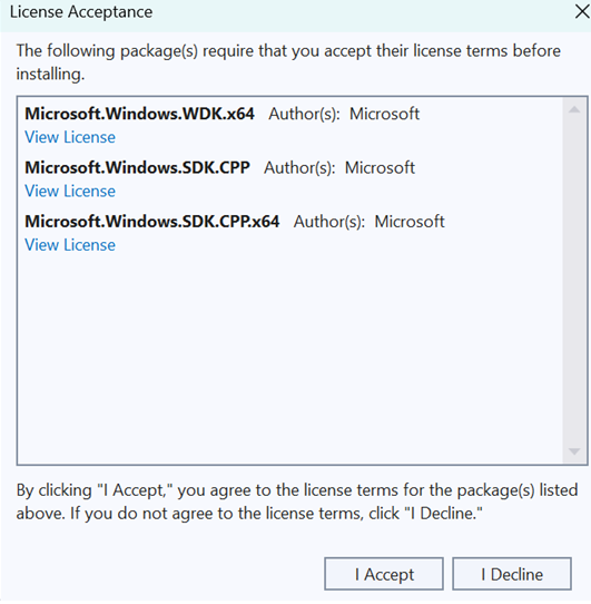 Screenshot of Visual Studio showing a list of three NuGet packages with links to license terms.