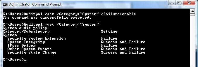 screen shot of command-prompt window illustrating the use of auditpol to enable security auditing.