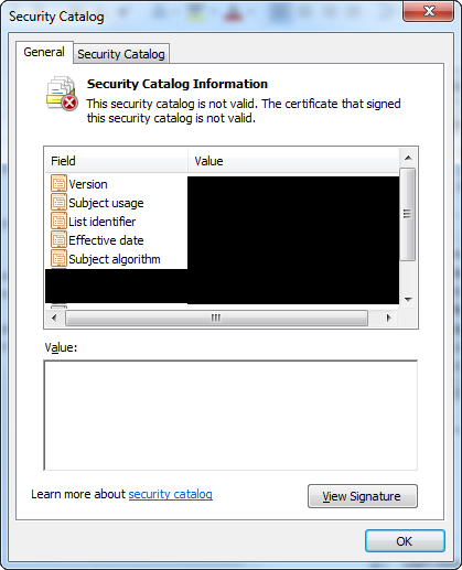 screen shot showing general information of the security catalog file.