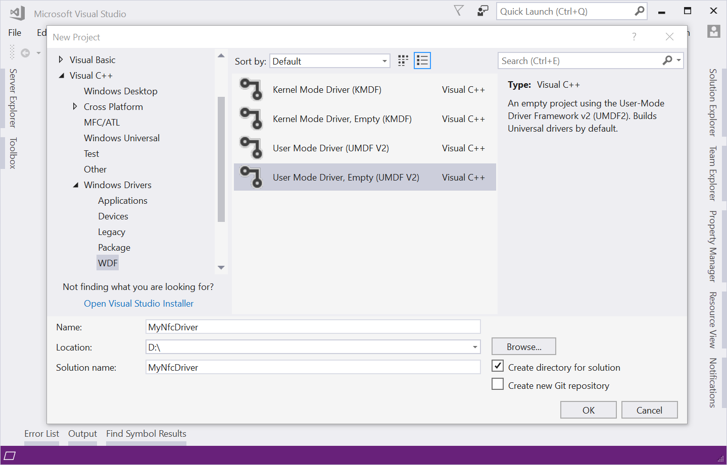 Screenshot showing the Visual Studio "New Project" dialog with "User Mode Driver, Empty (UMDF V2)" selected.