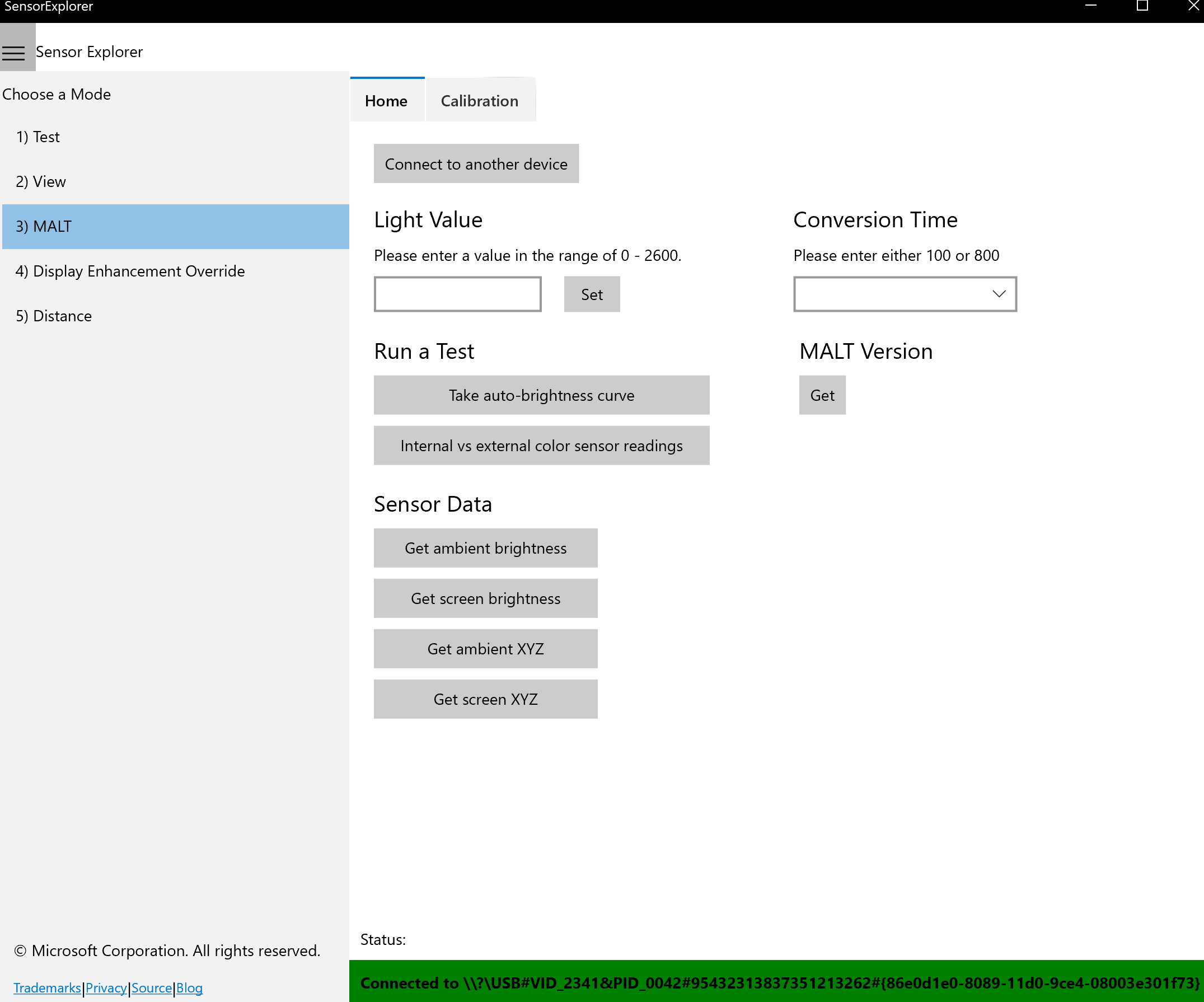 Screenshot of SensorExplorer showing how to navigate to the calibration tab.