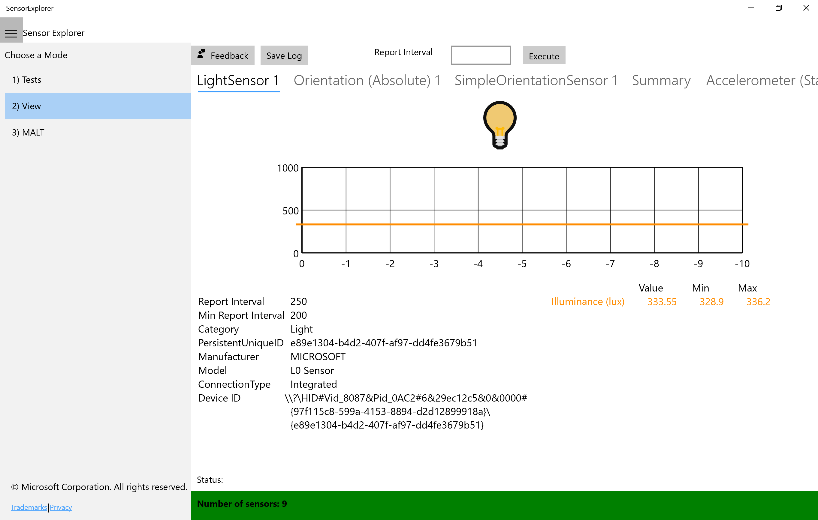 Screenshot showing SensorExplorer in View mode with LightSensor1 selected.