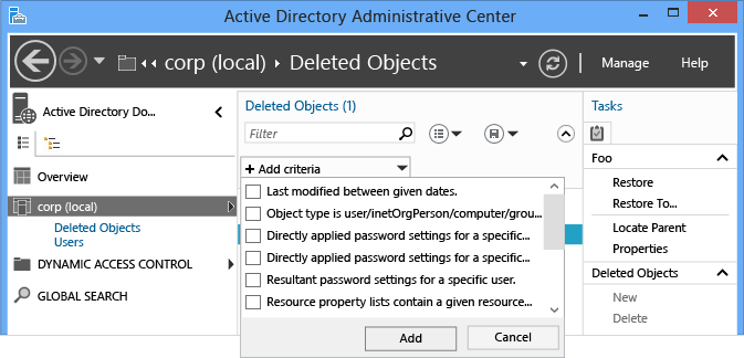 Screenshot that shows the filtering options available during a restoration.