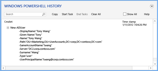 Screenshot that shows how to expand a line item to see all the values provided to the cmdlet's arguments.