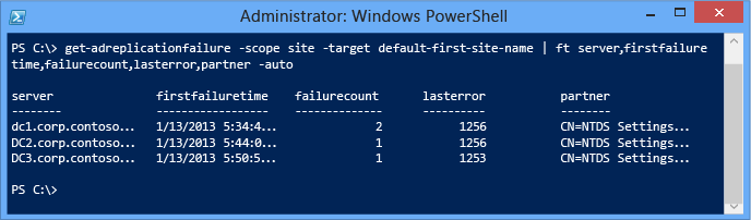 Screenshot that shows how to return a table view for all servers in a specific AD logical site, ordered for easier viewing and containing only the most critical data.