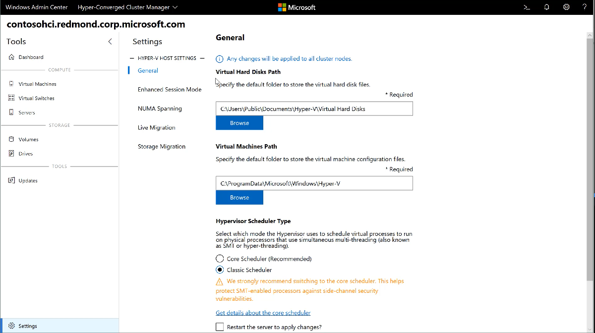 Hyper-V host settings screen