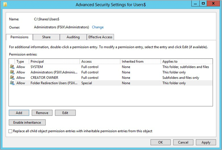 Screenshot of the advanced permissions page showing the permissions configuration for the separate server configuration.