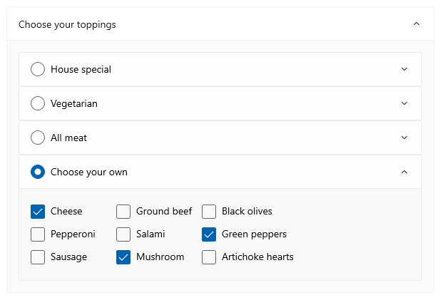 An open Expander with four Expander controls nested in its content. Each of the nested Expander controls has a Radio Button and text in its header