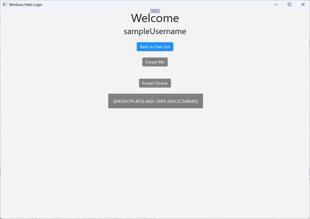 A screenshot of the Windows Hello successful login showing the device id