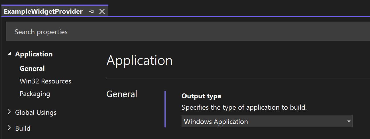 A screenshot showing the C# widget provider project properties with the output type set to Windows Application