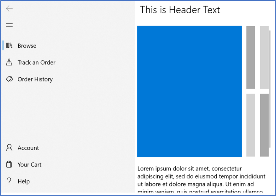 Example of a NavigationView with Account, Your Cart, and Help navigation items in the footer menu.