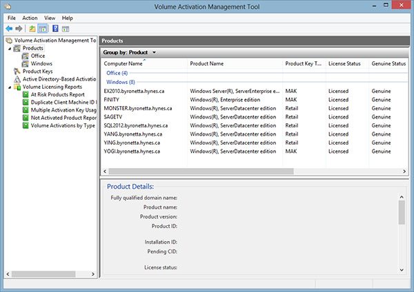 VAMT showing the licensing status of multiple computers.