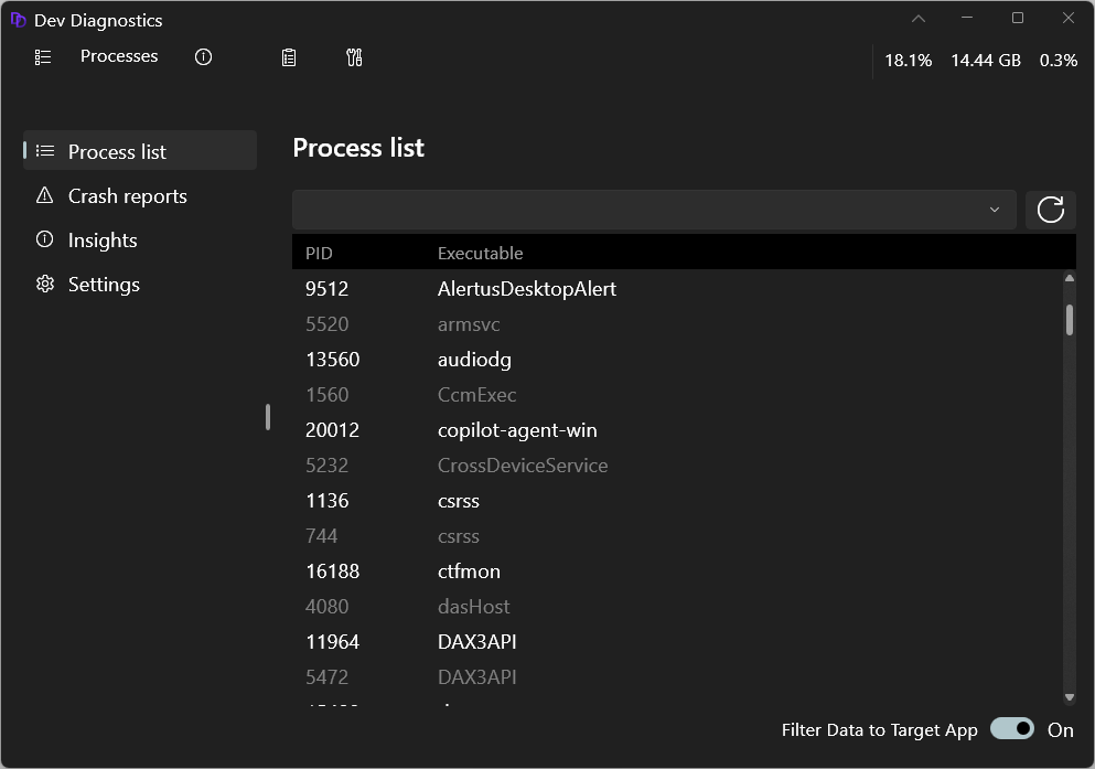 Screenshot of Dev Home Dev Diagnostics expanded window showing running process list.