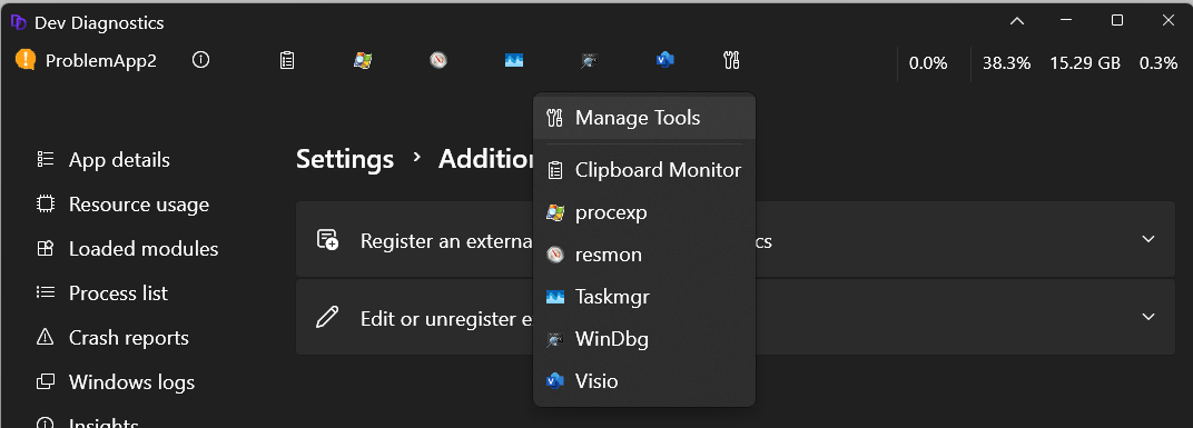 Screenshot of Dev Home Dev Diagnostics External Tools menu.