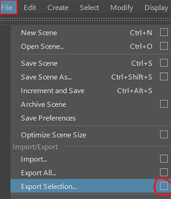 Example: Export selection Menu Location