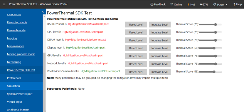 PowerThermalSDK Test page in Windows Device Portal on Microsoft HoloLens