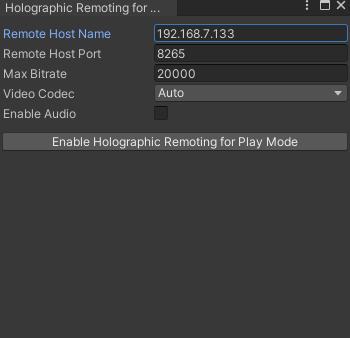 Screenshot of the Holographic Remoting for Play Mode window.