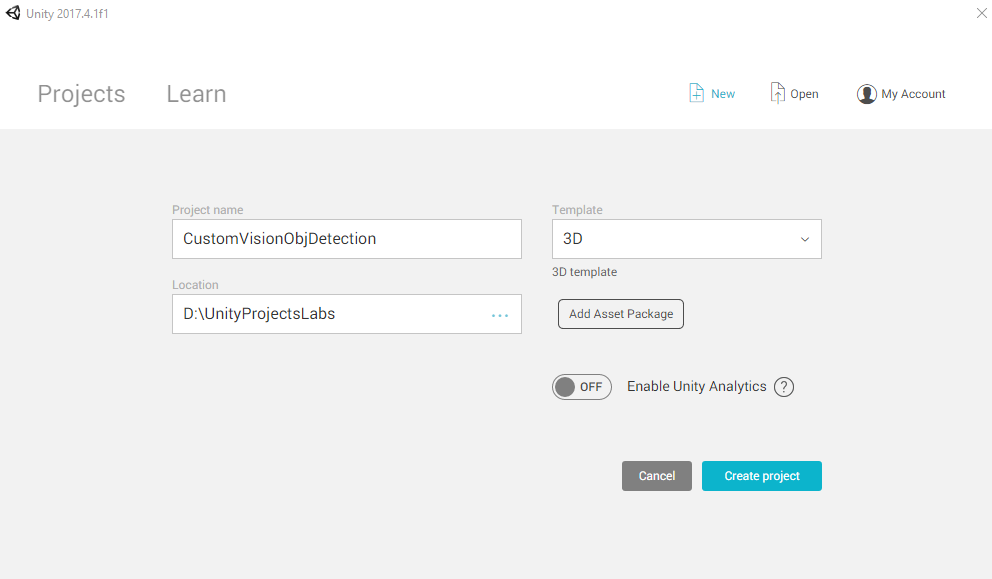 Screenshot that shows the project details and where to select Create project.