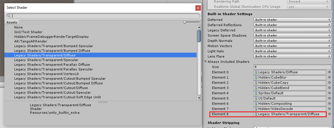 Screenshot that highlights the Legacy Shaders/Transparent/Diffuse shader.